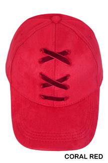 Lace Up Faux Suede Cap-H1537-CORAL RED